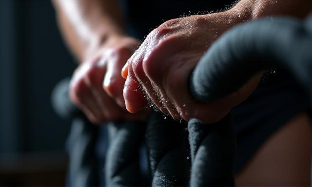 Member completing battle rope circles in HIIT class